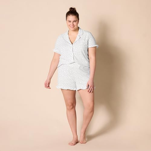 Amazon Essentials Women's Cotton Modal Piped Notch Collar Pajama Set (Available in Plus Size), White Dots Print, Medium