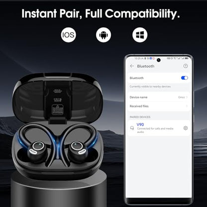 Wireless Sports Earbuds with Secure Earhooks, 48H Deep Bass/ENC Mic Ear Bud