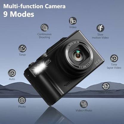 4K Digital Camera for Photography, 64MP Vlogging Camera for YouTube with 3" 180° Flip Screen, 18X Digital Zoom Point and Shoot Camara with 32GB Micro SD Card for Beginner (Black)