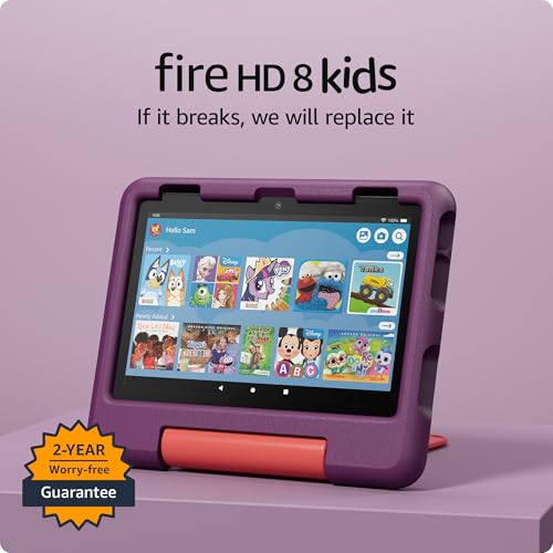 New Amazon Fire HD 8 Kids tablet, ages 3-7 | 3GB memory, ad-free content with parental controls included, 13-hr battery, 32GB, Grape, (2024 release)