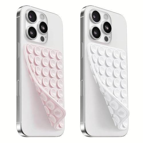2 Pack Silicone Suction Cup Phone Case Mount Double Sided, Sticky Phone Grip with Higher Suction Power for Cell Phone, Hands-Free Phone Accessories for Selfies and Videos, Light Pink & White