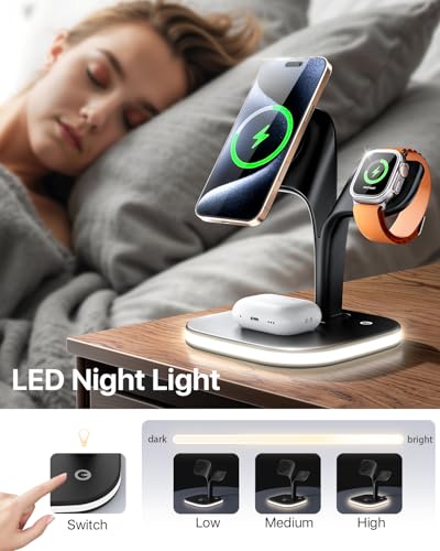 EXW Wireless Charging Station for Magsafe Charger,Charging Station for Multiple Devices,Wireless Charger for iPhone 16/15/14/13/12 Series,Apple Watch Series 1-9,AirPods with LED and Adapter (Black)