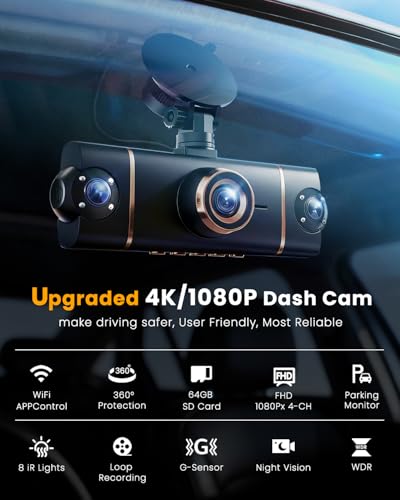XYGCACO 4 Channel 360° Dash Cam Front and Rear, 4K+1080P*3 FHD Car Camera