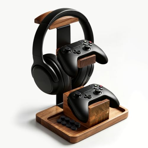 MINCORD Acacia Wood Headphone Stand with Controller Holder | Gaming Headset Stand with Storage Base, Desk Organizer for Gaming Accessories, Gift for PS5 PS4 Xbox Gamers