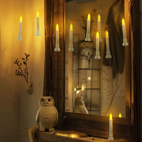 Homemory 12 Pcs Hanging Floating Candles with Wand Remote (Battery Include), Magic Deco Candles, Flameless Taper Candles Can be Used as Window Candles for Halloween Party Decor, Warm Yellow