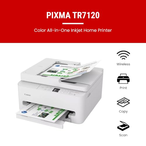 Canon PIXMA TR7120 Wireless Color Inkjet Printer, Duplex Printing, White – Home Printer with Copier/Scanner, Auto Document Feeder, Compact Design, Intuitive Control Panel