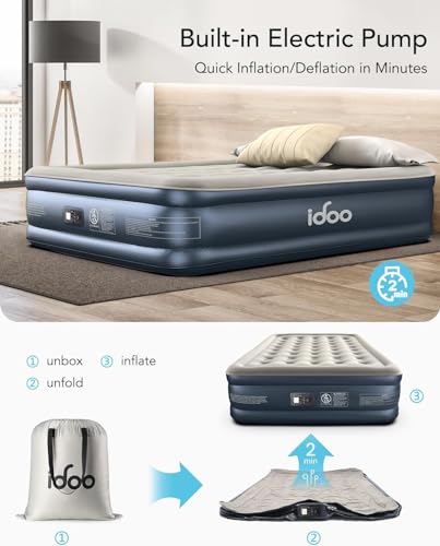 iDOO Queen Air Mattress with Built in Pump, 18 Raised Comfort Blow up Mattress, Upgraded Four Chamber Airbed, Inflatable Mattress for Guests and Home, colchon inflable, Air Bed, 650 lbs Max