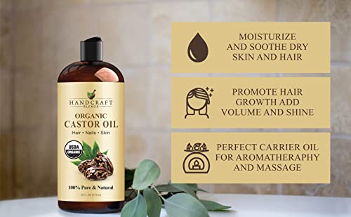 Handcraft Blends Organic Castor Oil - 16 Fl Oz - 100% Pure and Natural - Premium Grade Oil for Hair Growth, Eyelashes and Eyebrows - Carrier Oil - Hair and Body Oil - Expeller-Pressed and Hexane-Free