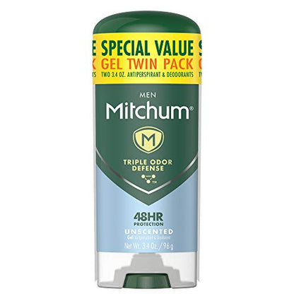 Mitchum Men's Deodorant, Antiperspirant, Triple Odor Defense Gel Stick, 48 Hr Protection, Dermatologist Tested, Alcohol Free, Unscented, 3.4 Oz (Pack of 2)