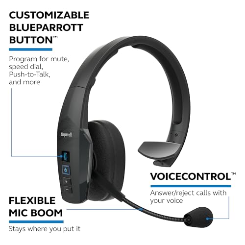 BlueParrott B450-XT Mono Bluetooth Wireless Headphones 96% Noise Canceling Over Head Trucker Headset with Mic, All Day Comfort Padded Headband, 300 ft. Wireless Range, 24 hrs. Talk Time, Black