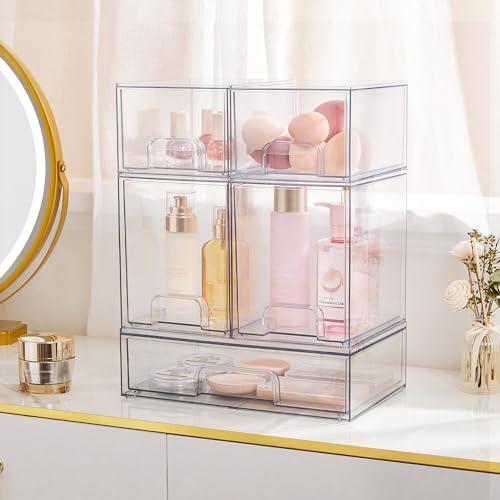 Vtopmart 4 Pack Clear Stackable Storage Drawers, 4.4'' Tall Acrylic Bathroom Makeup Organizer,Plastic Storage Bins For Vanity, Undersink, Kitchen Cabinets, Pantry, Home Organization and Storage