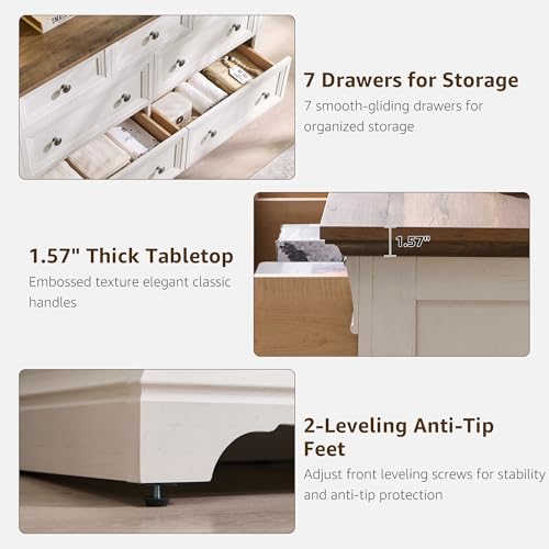 T4TREAM Farmhouse 7 Drawers Dresser for Bedroom, 54" Wide Wood Rustic Chest of Drawers w/Roman Column, Wooden Storage Dressers Organizer for Bedroom, Living Room, Closet, Antique White