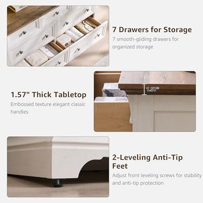 T4TREAM Farmhouse 7 Drawers Dresser for Bedroom, 54" Wide Wood Rustic Chest of Drawers w/Roman Column, Wooden Storage Dressers Organizer for Bedroom, Living Room, Closet, Antique White