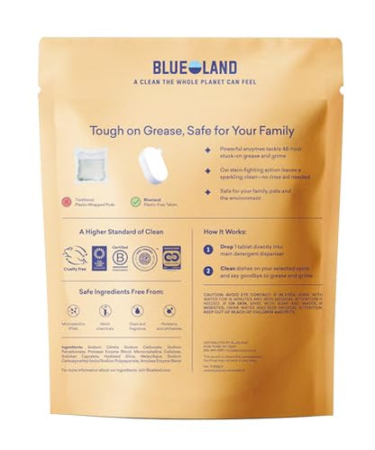 BLUELAND 100% Plastic-Free Dishwasher Detergent Tablets, 60 Count, Free & Clear, Eco-Friendly Dishwashing Pods, Natural, USDA Certified biobased