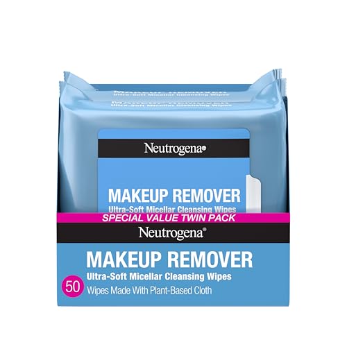 Neutrogena Makeup Remover Micellar Wipes, 2 Pack of 25 Ct | Plant-Based Micellar Water Cleansing Cloths, Gently Removes Oil, Dirt & Waterproof Makeup, No Heavy Residue, Alcohol-Free