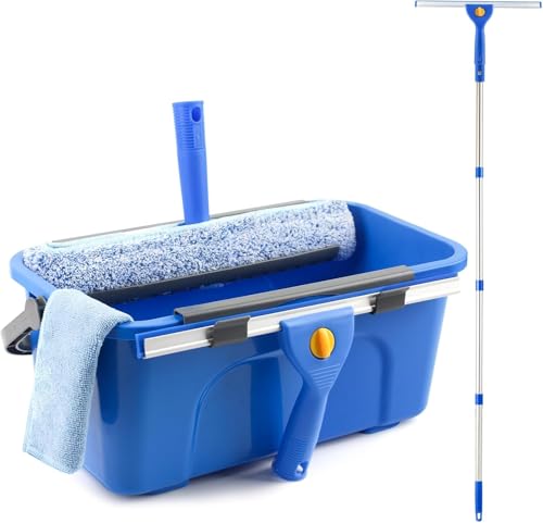 PIMEKOY Window Cleaning Kit with Bucket, Squeegee and Scrubber for Outdoor
