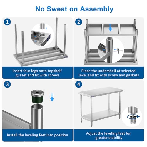 Leteuke NSF Stainless Steel Prep Table, 48″x 24″x 34″ Metal Work Table, SUS 201 Heavy Duty Table with Adjustable Undershelf, 1500 LBS Commercial Outdoor Food Prep Table for Restaurant Kitchen Hotel