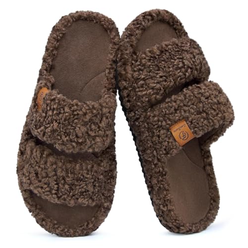 EverFoams Womens Fuzzy Open-toe Slippers Soft Comfy Memory Foam Indoor House Shoes Elegant Mocha, 7-8 US