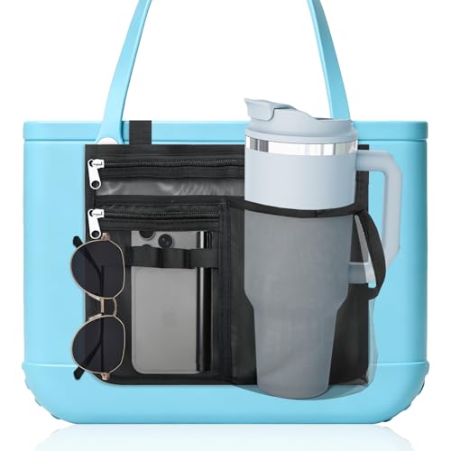 Organizer Holder for Bogg Bag Accessories, Multi-pocket Nylon Organizer Insert Holder with Cup & Phone Holder for Beach Rubber Tote Bag（Black）
