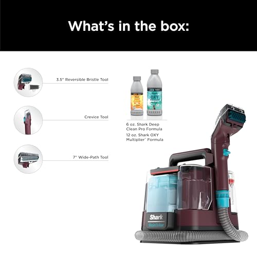 Shark Carpet Cleaner Machine, Portable Upholstery StainStriker, Spot, Odor & Stain Remover, 2 Carpet Cleaner Solutions, 3 Tools, Perfect for Pet Hair, Carpet, Area Rugs, Couches, Burgundy, PX203BRN