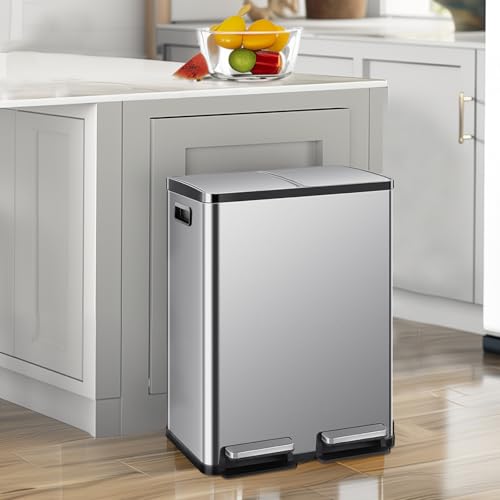 DUMOS Kitchen Trash Can, 2×8-Gallon Garbage Can with Lid, Stainless Steel Trash Bin with 2 Removable Inner Buckets, Soft-Close Foot Pedal, Fingerprint-Resistant for Kitchen Home Office