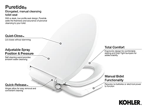 KOHLER 5724-0 PureWash M250 Elongated Bidet Toliet Seat, Manual Non-Electric Bidets for Existing Toilets, Adjustable Bidet Sprayer, White