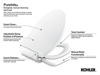 KOHLER 5724-0 PureWash M250 Elongated Bidet Toliet Seat, Manual Non-Electric Bidets for Existing Toilets, Adjustable Bidet Sprayer, White