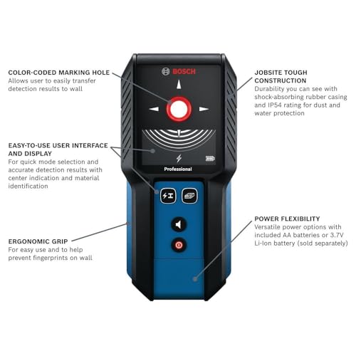 BOSCH GMS120-27 Wall Scanner and Stud Finder, Detects Wood, Metal, and Live Wires Behind Your Wall - Includes 2 AA Batteries and Pouch