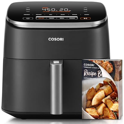 COSORI Air Fryer 9-in-1, Compact & Large 6 Qt, 5 Fan Speeds with 450F for Crispy, 95% Less Oil, 100+ In-App Recipes with Nutrients, Fast Roast, Bake, Dehydrate, Reheat, Frozen, Broil, Proof, Gray