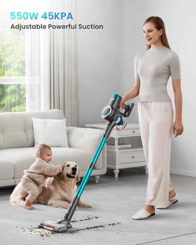 Cordless Vacuum Cleaner, 550W/45Kpa/60Mins Vacuum Cleaners for Home, Self-standing Stick Vacuum with LED Display, Rechargeable Cordless Vacuum, Lightweight Vacuum for Carpet, Pet Hair, Hardwood Floor