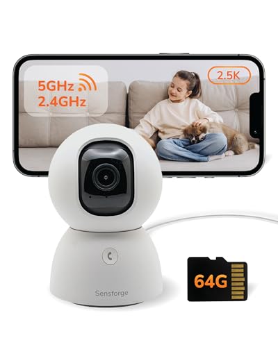 SensForge 2.5K Indoor Pan-Tilt Security Camera, 360° Dual-Band 2.4/5GB Wi-Fi Camera for Home, Smart AI Human & Pet Detection, 64GB SD Card Included, Two-Way Talk, No Subscription Required (1, White)