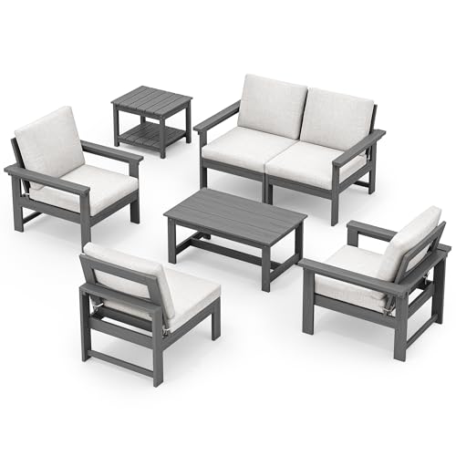 SERWALL HDPE Patio Furniture Set, 7-Piece Outdoor Sectional Sofa Set, All Weather Outdoor Couch Set for Deck, Lawn, Grey Frame with Khaki Cushion
