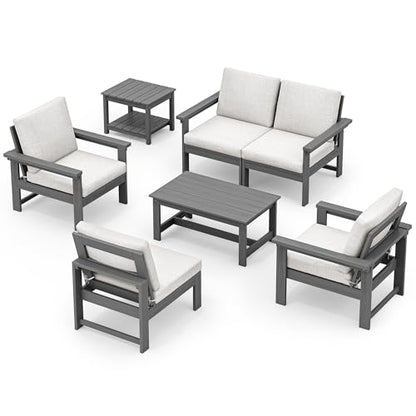 SERWALL HDPE Patio Furniture Set, 7-Piece Outdoor Sectional Sofa Set, All Weather Outdoor Couch Set for Deck, Lawn, Grey Frame with Khaki Cushion