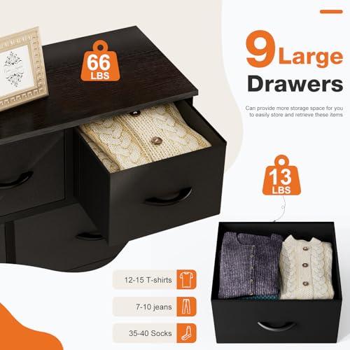 Sweetcrispy 9-Drawer Fabric Dresser Storage Tower with Wood Top and Steel Frame, Organizer Chest with Easy Pull Handles for Bedroom, Closet, Hallway,Classic Black