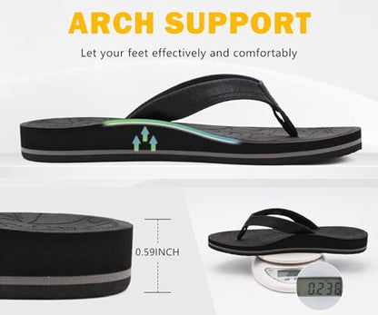ONCAI Women's Flip Flops Comfortable Summer Beach Thong Sandals for Women 2025 with Cushion Walking Arch Support Yoga Mat Indoor Outdoor Soles Black Size 8
