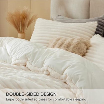 BEDELITE Fleece King Comforter Set, Fluffy Bed Set, Cream White