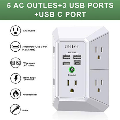 Wall Charger, Surge Protector, QINLIANF 5 Outlet Extender with 4 USB Charging Ports (4.8A Total) 3-Sided 1680J Power Strip Multi Plug Adapter Spaced for Home Travel Office (3U1C)