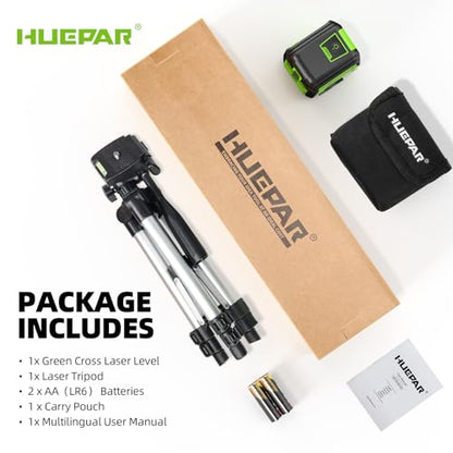 Laser Level with Tripod, Huepar 98Ft Self Leveling Laser Level Green Line Laser Cross Line Laser Leveler Tool for Picture Hanging, Tile, Home Renovation, Indoor Project, Battery&Carrying Bag Included