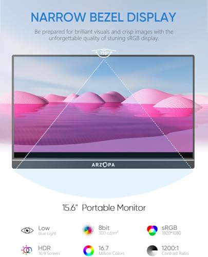 ARZOPA Portable Monitor 15.6'' FHD 1080P - Ultra-Slim Portable Laptop Monitor with Kickstand - IPS Display for PC, MAC, Phone, Xbox, PS5 - USB C & HDMI Connectivity - A1