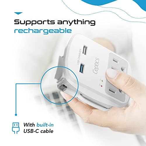 Ceptics Universal Travel Adapter Kit - 2 USB, USB-C Cord+2 US Outlets QC 3.0, Surge Protection, Plugs for Europe, UK, China, Australia, Japan - Perfect for Laptop, Cell Phones, Cameras,Safe ETL Tested