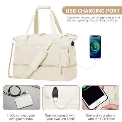 ETRONIK Gym Bag for Women, Travel Duffel Bag with USB Charging Port, Weekender Overnight Bag with Wet Pocket and Shoes Compartment for Women, Travel, Gym, Yoga (Beige)