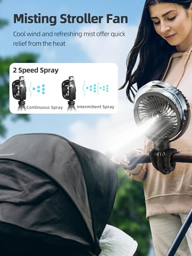 Misting Stroller Fan, 6000mAh Battery Operated Portable Fan with Light & 360° Pivoting, Personal Fan with Flexible Tripod for Baby, Office, Travel,Treadmill,Outdoors