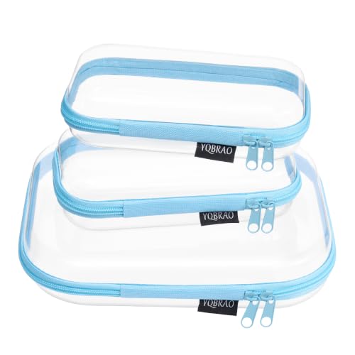 YQBRAO 3-Pack Clear Hard Shell Zipper Case - Blue Edition, 1.2mm Heavy-Duty Crush-Proof Travel Makeup Bag, TSA Approved Clear Zipper Pouches, Rigid Diaper Bag Organizer for Tech & Daily Essentials