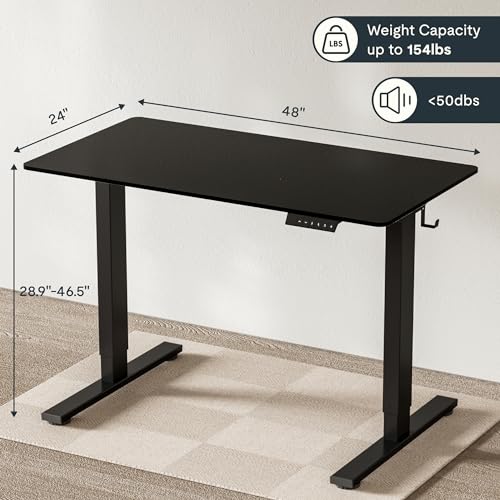 FLEXISPOT EN1 Whole-Piece Standing Desk 48 x 24 Inches Electric Height Adjustable Desk Sit Stand Desk Home Office Desks (Black Frame + Black Table Top)