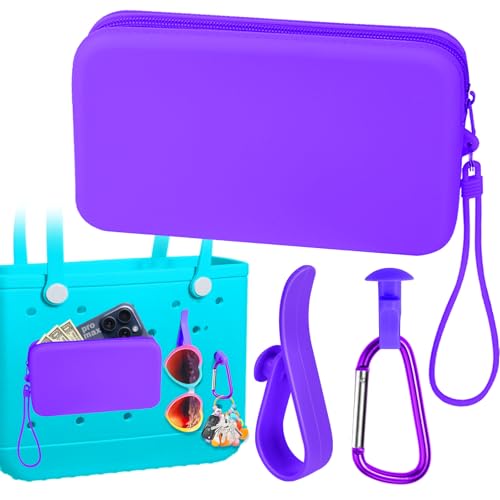 Mity rain Silicone Wallet for Bogg Bag Phone Holder, Accessories Set for Bogg Bag Contain 2PCS Key Holder and a Large Capacity Silicone Zipper Bag for Beach Bags Tote Bag (Dark Purple)