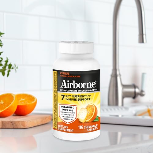 Airborne Vitamin C 1000mg (per Serving) - Citrus Chewable Tablets (116 Count in a Bottle), Gluten-Free Immune Support Supplement, with Vitamins A C E, Zinc, Selenium, Echinacea, Ginger, Antioxidants