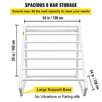 VEVOR Pool Towel Rack, 8 Bar, White, Freestanding Outdoor PVC Triangular Poolside Storage Organizer, Include 8 Towel Clips, Mesh Bag, Hook, Also Stores Floats and Paddles, for Beach, Swimming Pool