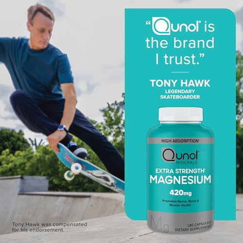 Qunol Magnesium Capsules 420mg, 100% DV, High Absorption Magnesium Supplement, Extra Strength, Bone and Muscle Health Supplement, 180 Count