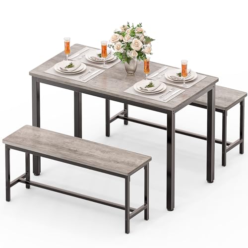 FAVSH Dining Table Set for 4, Kitchen Table with 2 Benchs, Grey