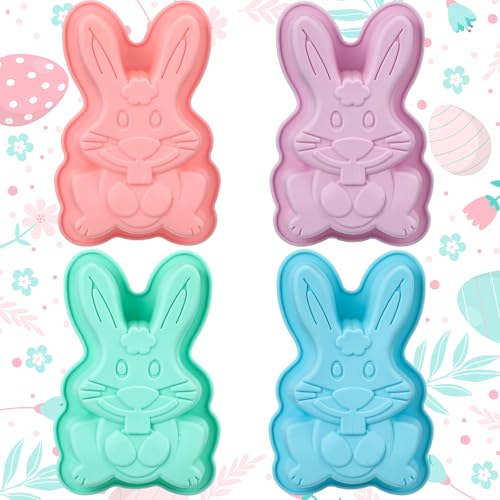 SiliFine 4 Packs Easter Silicone Molds Bunny Cake Pans Bunny Chocolate Molds Cute Rabbit Baking Pans Non-stick Silicone Trays for Baking Easter Day Party Baby Shower Birthday Cake Desserts Giant Gummy